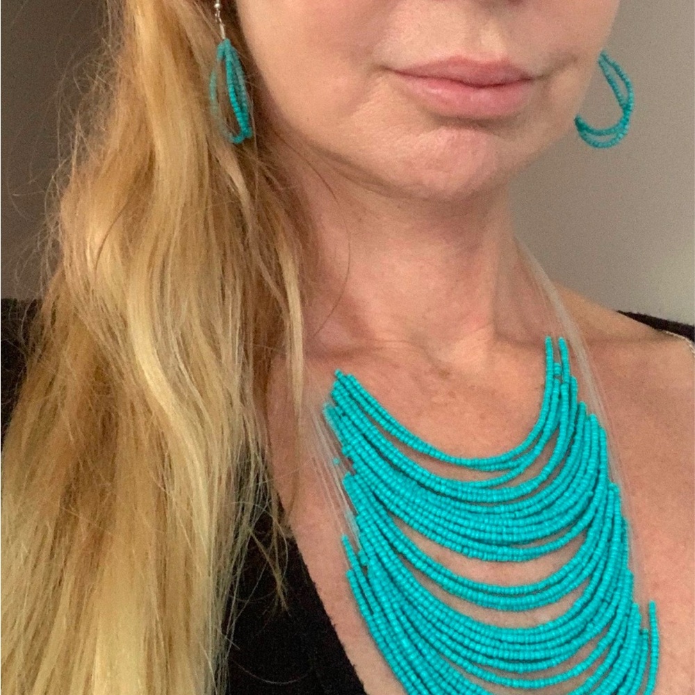 Blue Hoop Earrings and Multi-Strand Jewelry